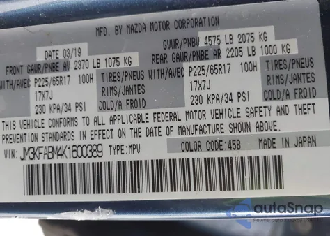 2019 Mazda Cx-5 Sport z USA, uszkodzony, nr VIN JM3KFABM4K1600389